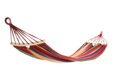 Beyazda izole edilmiş renkli bir hamak. Samimi salıncak