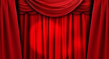 Tiyatro ya da sahne arkası sahne ışıkları olan lüks kırmızı perdeler.