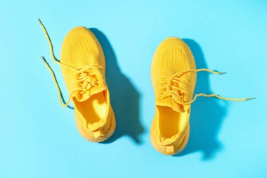 Açık mavi arka planda şık bir çift spor ayakkabı, üst görünüm.