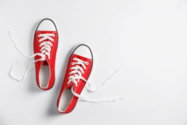 Beyaz arka planda bir çift şık spor ayakkabı, üst manzara. Metin için boşluk