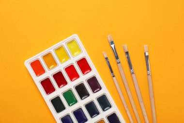 Suluboya palet ve turuncu arka planda fırçalar, düz yatıyordu