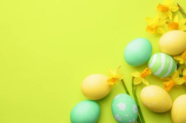Boyanmış Paskalya yumurtaları ve açık yeşil arka planda güzel nergisler. Metin için boşluk