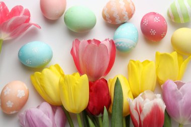 Boyalı Paskalya yumurtaları ve beyaz arka planda güzel laleler.