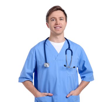 Beyaz arkaplanda tıbbi asistanın portresi