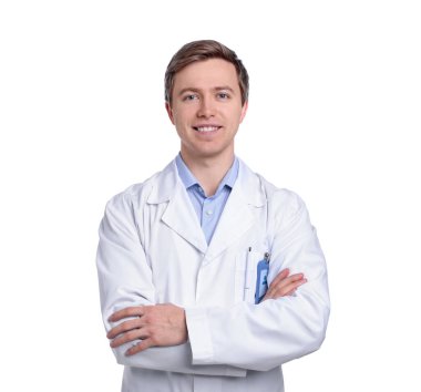 Beyaz arkaplanda tıbbi asistanın portresi