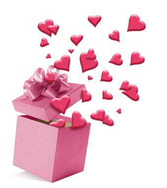 Tatlı pembe kalpler beyaz arka planda açık hediye kutusundan uçuyor.