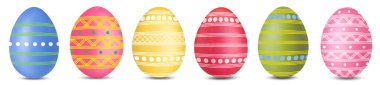 Paskalya yumurtaları parlak renklerle boyanmış ve desenlerle süslenmiş. Beyazlar içinde izole edilmiş, izole edilmiş şenlik kutlamaları için.