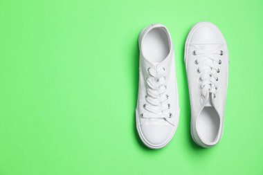 Yeşil arka planda bir çift şık spor ayakkabı, üst manzara. Metin için boşluk
