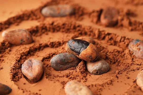 Toz üzerine doğal kakao çekirdekleri, yakın plan.