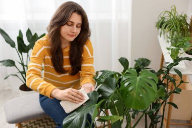 Evde yaprakları silen güzel bir kadın.