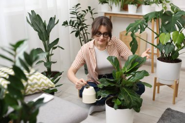 Evdeki çiçekleri sulayan güzel bir kadın.