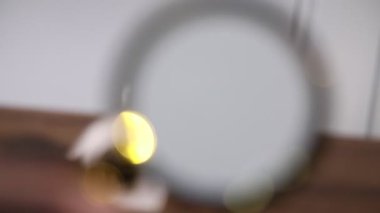 Ahşap masadaki büyüteçle ev modelini inceleyen kadın, yakın plan.