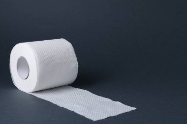 Gri arka planda tuvalet kağıdı rulosu, yakın plan. Metin için boşluk