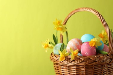 Boyanmış Paskalya yumurtaları ve açık yeşil arka planda hasır sepetin içindeki güzel nergisler, yakın plan. Metin için boşluk