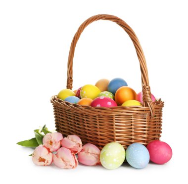 Hasır sepete boyanmış Paskalya yumurtaları ve beyaza izole edilmiş güzel laleler.