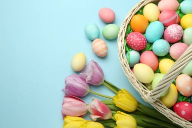 Açık mavi zemin üzerinde boyanmış yumurta ve laleler olan Paskalya sepeti. Metin için boşluk