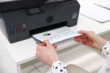 Beyaz masada yazıcı kullanan kadın, yakın plan.