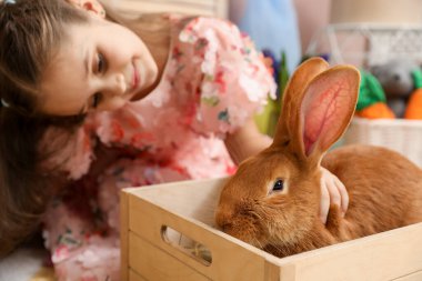 Kapalı alanda tahta sandıkta şirin bir Paskalya tavşanı olan küçük kız, seçici bir odak noktası.