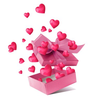 Beyaz arka planda hediye kutusundan çıkan sevimli pembe kalpler.