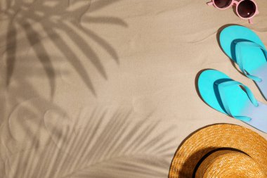 Hasır şapka, parmak arası terlik ve plajda güneş gözlüğü, üst manzara. Hurma yaprağının gölgesinde kum. Yaz tatili