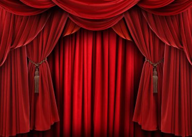 Püsküllü lüks kırmızı perdeler. Tiyatro, sinema sahnesi