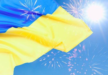 Ukrayna bayrağı ve güneşli gökyüzünde havai fişekler. Ulusal bayram kutlaması