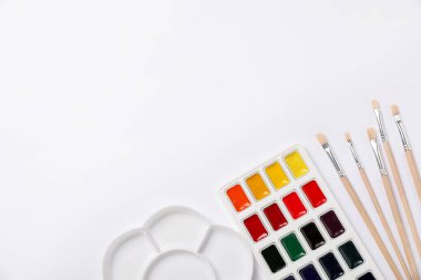 Suluboya boya, palet ve fırçalar beyaz arka planda, düz yerde. Metin için boşluk