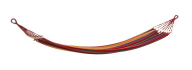 Beyazda izole edilmiş renkli bir hamak. Samimi salıncak