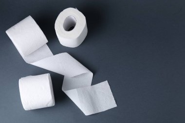 Gri arka planda tuvalet kağıdı ruloları, düz yatış. Metin için boşluk