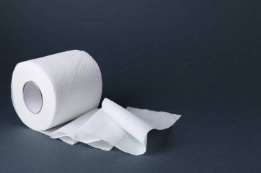 Gri arka planda tuvalet kağıdı rulosu, yakın plan. Metin için boşluk