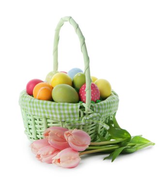 Paskalya sepeti boyalı yumurtalar ve beyaz üzerinde izole edilmiş güzel laleler.
