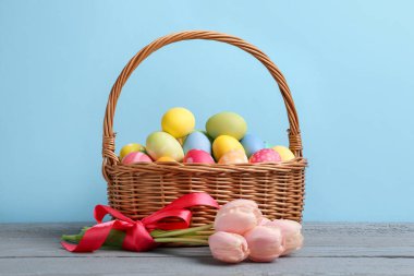 Hasır sepete boyanmış Paskalya yumurtaları ve açık mavi arka plana karşı gri ahşap masada güzel laleler.