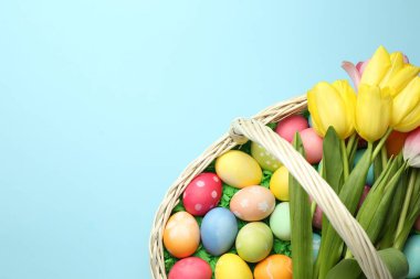 Açık mavi zemin üzerinde boyanmış yumurta ve laleler olan Paskalya sepeti, üst manzara. Metin için boşluk