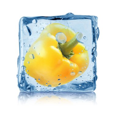 Taze sarı dolma biber. Beyaz arka planda buz küpünde dondurulmuş.