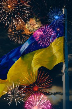 Ukrayna bayrağı ve gece gökyüzünde parlak havai fişekler. Ulusal bayram kutlaması