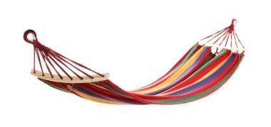 Beyazda izole edilmiş renkli bir hamak. Samimi salıncak