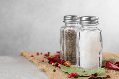 Açık gri masada baharatlı tuzluk ve biberlikler, yakın plan. Metin için boşluk