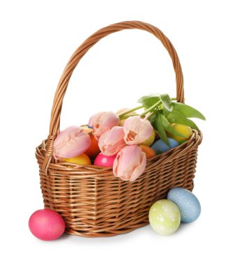 Boyanmış Paskalya yumurtaları ve hasır sepetin içindeki güzel laleler beyaza izole edilmiş.