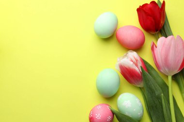 Boyalı Paskalya yumurtaları ve açık yeşil arka planda güzel laleler. Metin için boşluk