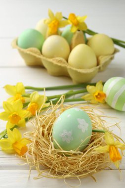 Kutuda boyanmış Paskalya yumurtaları, yuva ve beyaz ahşap masa üzerindeki güzel nergisler, yakın plan.