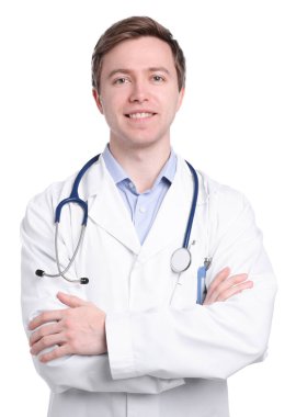 Beyaz arkaplanda tıbbi asistanın portresi