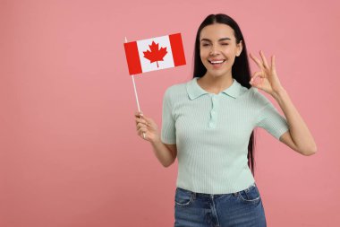 Kanada bayrağı taşıyan mutlu kadın pembe arka planda OK 'u gösteriyor