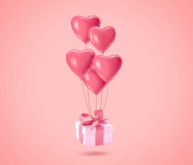 Kalp şeklinde balonlara bağlı bir hediye kutusu pembe arka planda havada uçuyor.