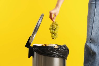 Sarı arka planda çöp kutusuna üzüm atan kadın, yakın plan.