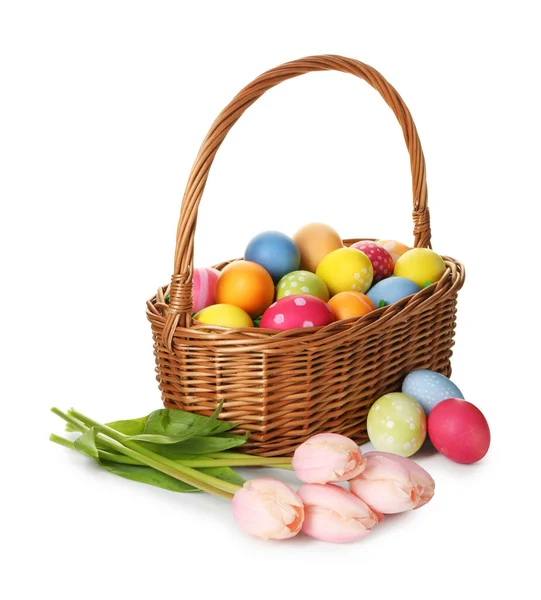 Hasır sepete boyanmış Paskalya yumurtaları ve beyaza izole edilmiş güzel laleler.