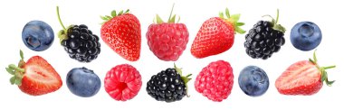 Beyaza izole edilmiş taze meyveler. Çilek, ahududu, yabanmersini ve böğürtlen seti