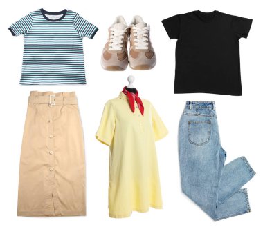 Giysiler ve ayakkabılar beyaza izole edilmiş, koleksiyon