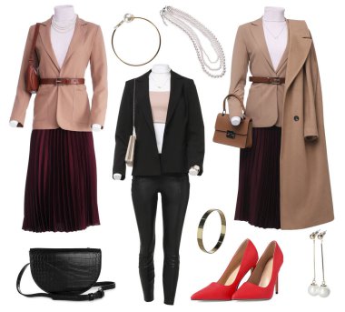 Kadınlar için şık giysiler. Giysi, aksesuar ve ayakkabı koleksiyonu beyaza izole edildi