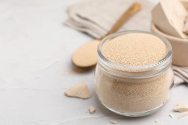 Beyaz masada taze ve kuru maya, yakın plan. Metin için boşluk