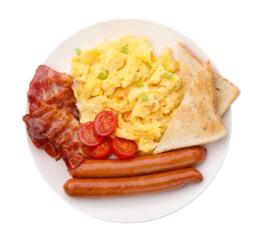 Lezzetli bir kahvaltı. Pastırmalı, sosisli, domatesli ve kızarmış ekmekli nefis omlet.